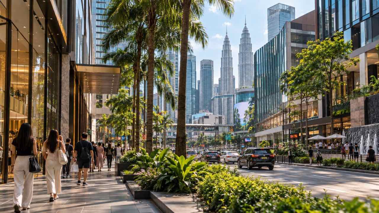 Daytime Kuala Lumpur street scene with the Petronas Towers in the distance