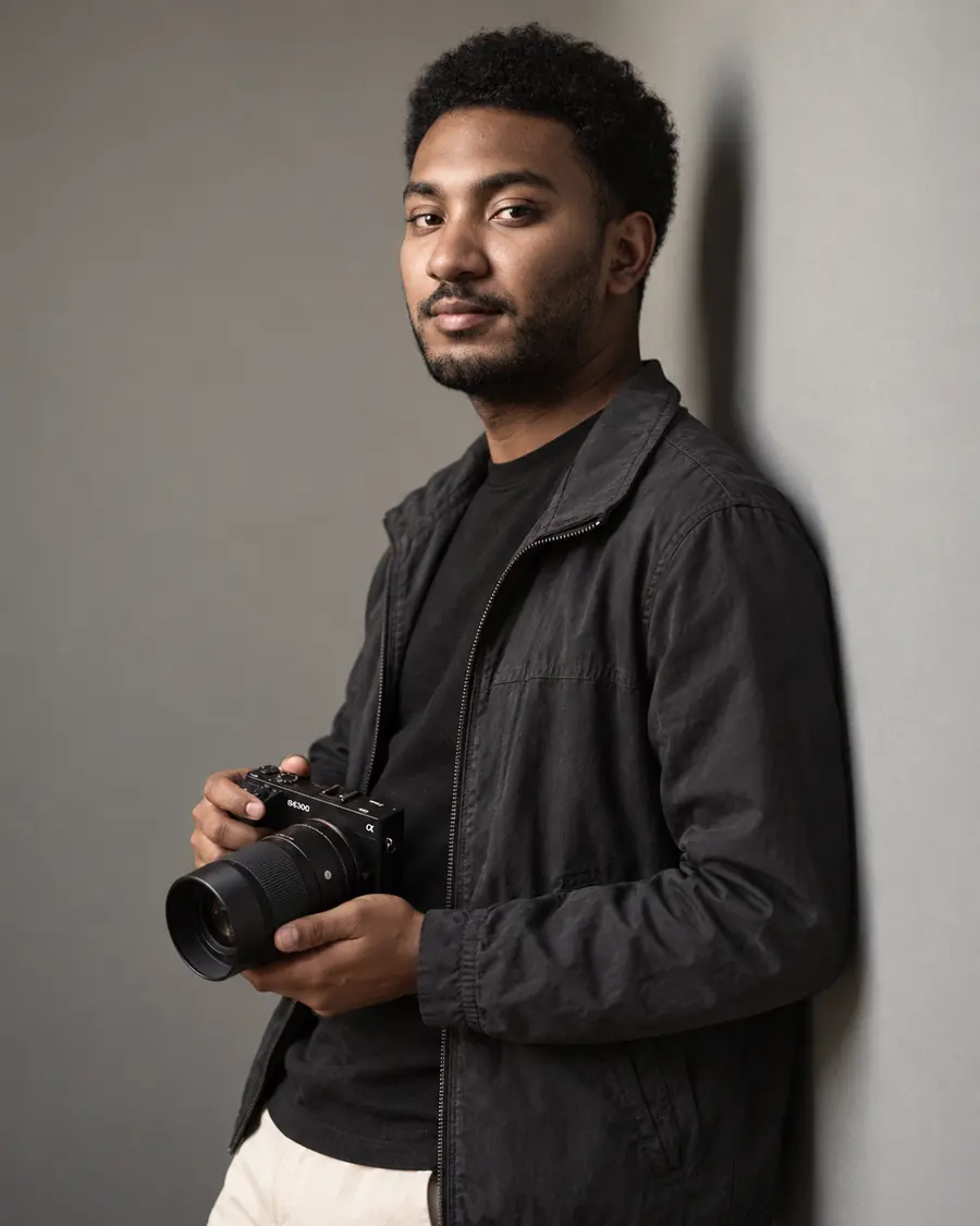 Portrait of AbdEssamad Ou, videographer, holding his Sony a6300 against a grey wall
