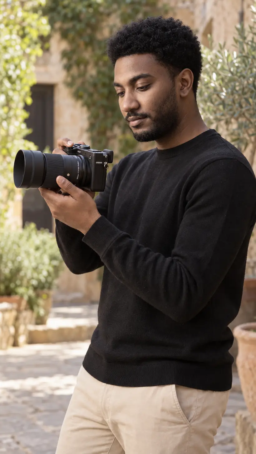 AbdEssamad Ou reviewing a shot on his Sony a6300 in a sunlit stone courtyard